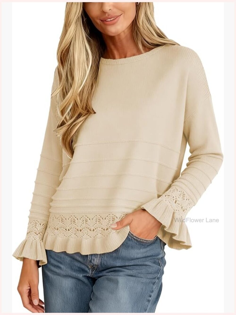 Knit Sweater Round Neck Long Sleeve Pullover Ruffle Hem Casual Office